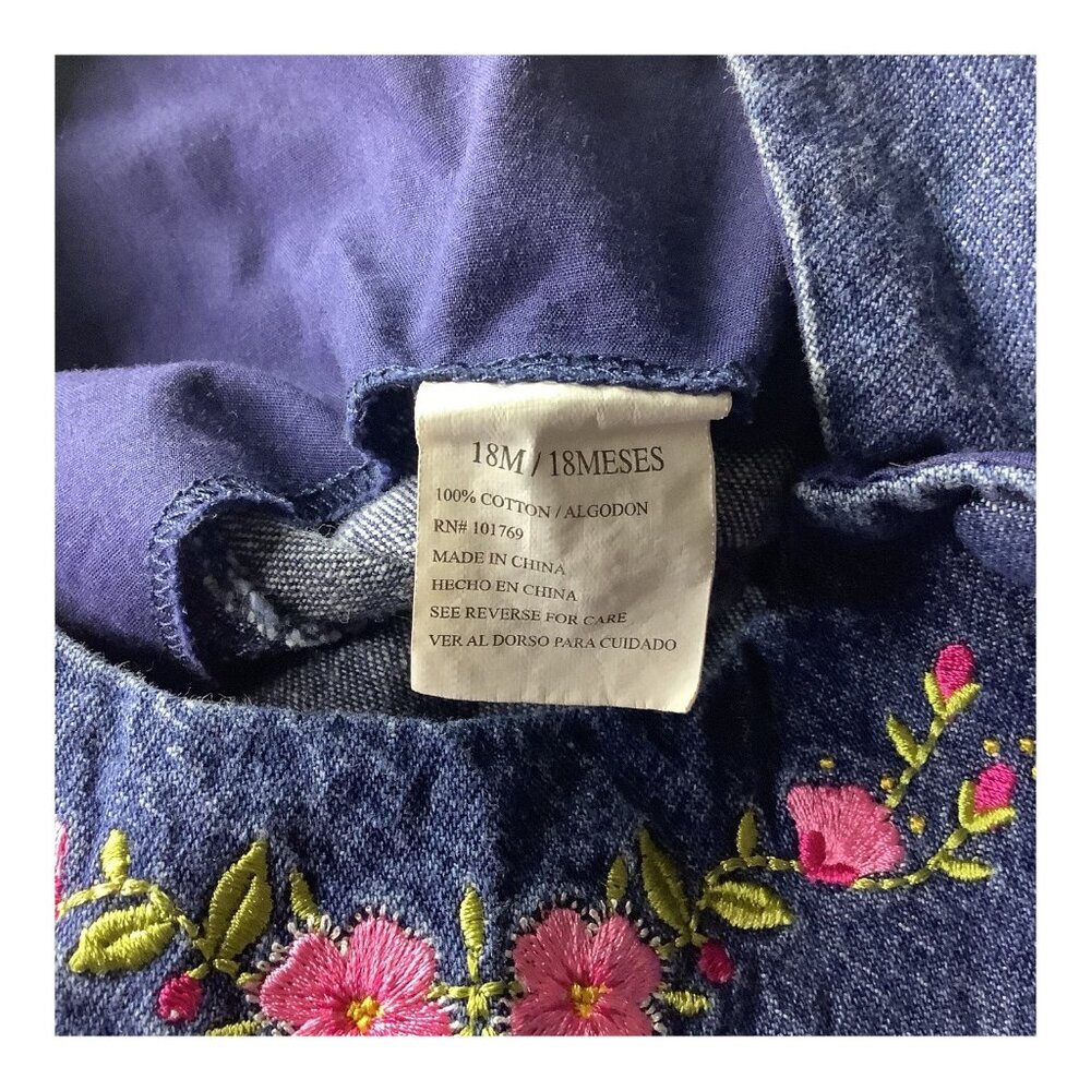 Vintage Y2K Blue Denim Jean Jumper Dress Embroidered Flowers 18M Sleeveless - Picture 5 of 6